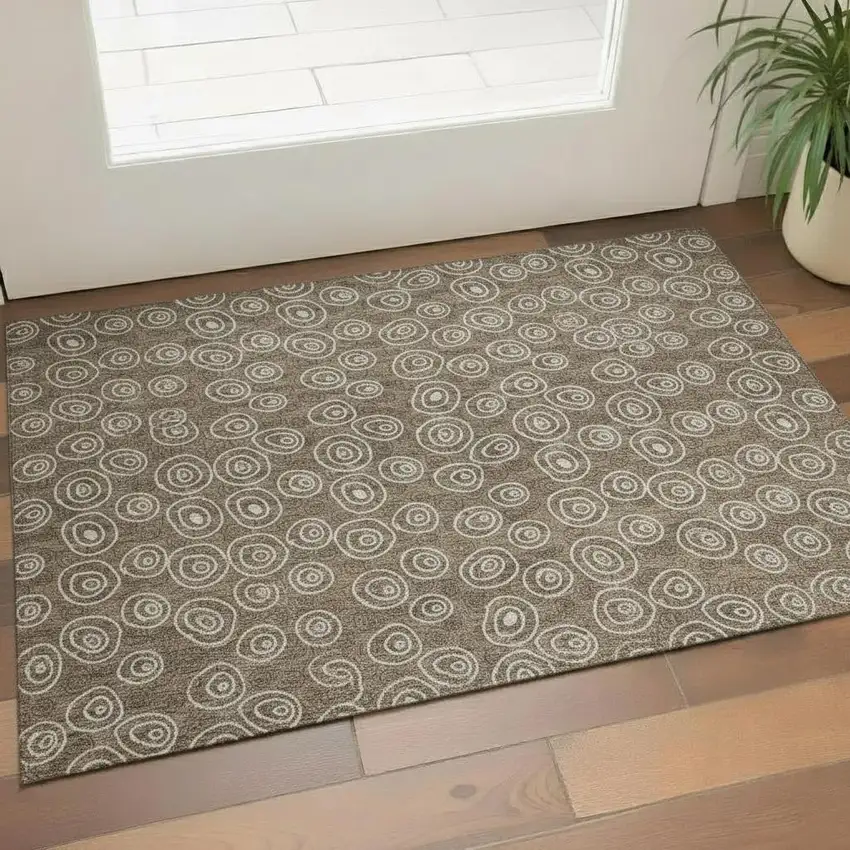 Brown And Ivory Polka Dot Washable Area Rug With UV Protection Photo 1