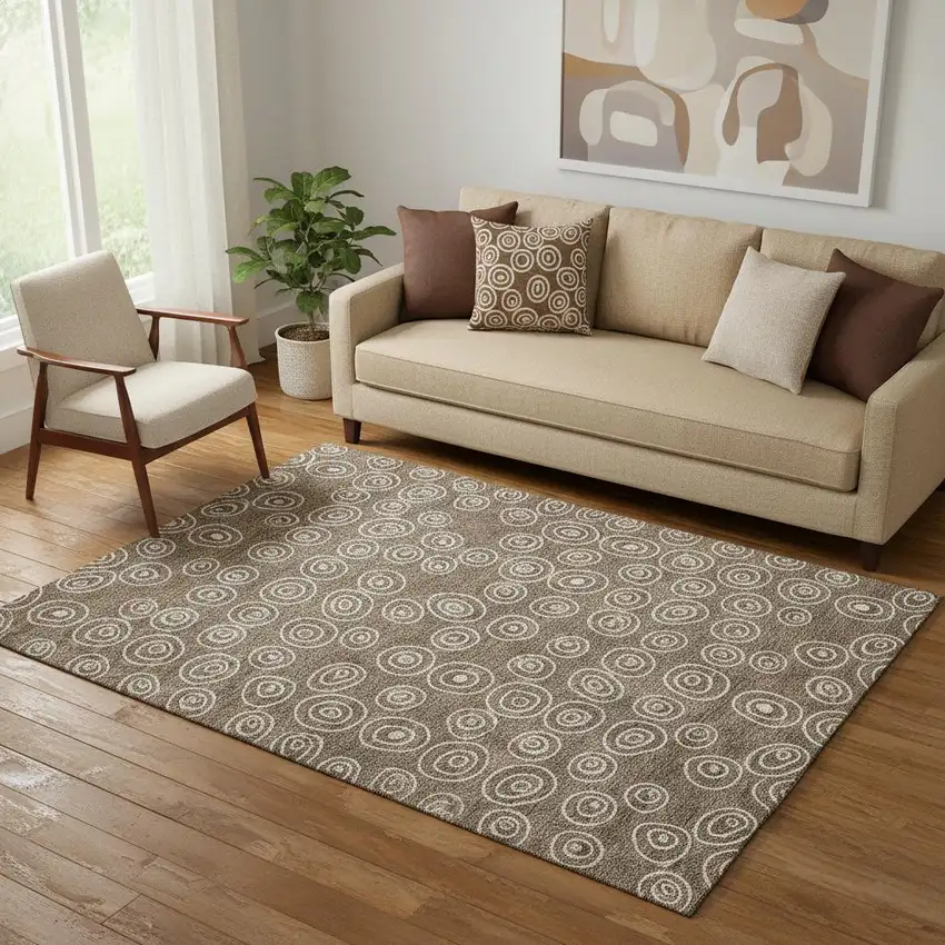 Brown And Ivory Polka Dot Washable Area Rug With UV Protection Photo 1