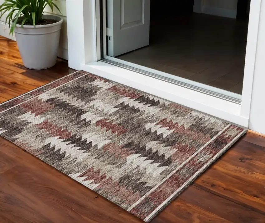 Brown And Ivory Southwestern Washable Indoor Outdoor Area Rug Photo 1