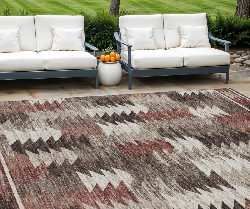 Brown And Ivory Southwestern Washable Indoor Outdoor Area Rug Photo 1
