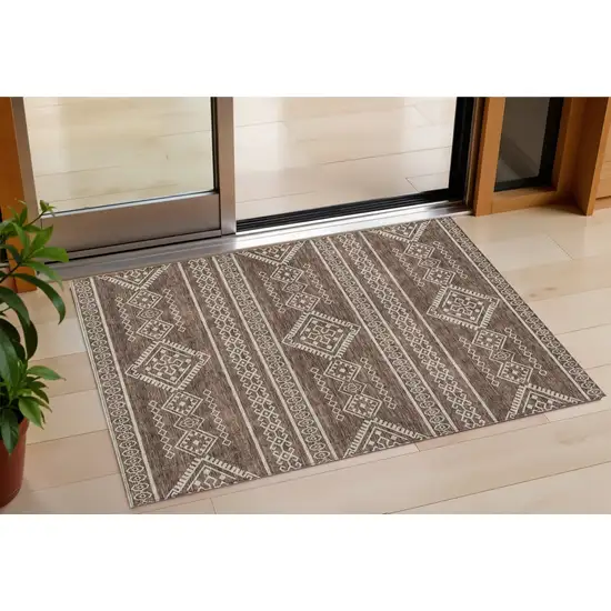 Brown And Ivory Southwestern Washable Indoor Outdoor Area Rug Photo 1