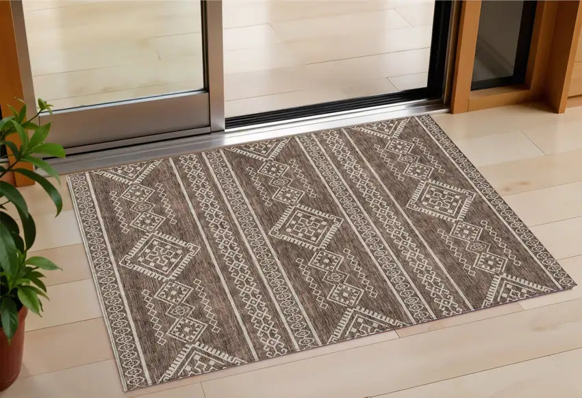 Brown And Ivory Southwestern Washable Indoor Outdoor Area Rug Photo 1