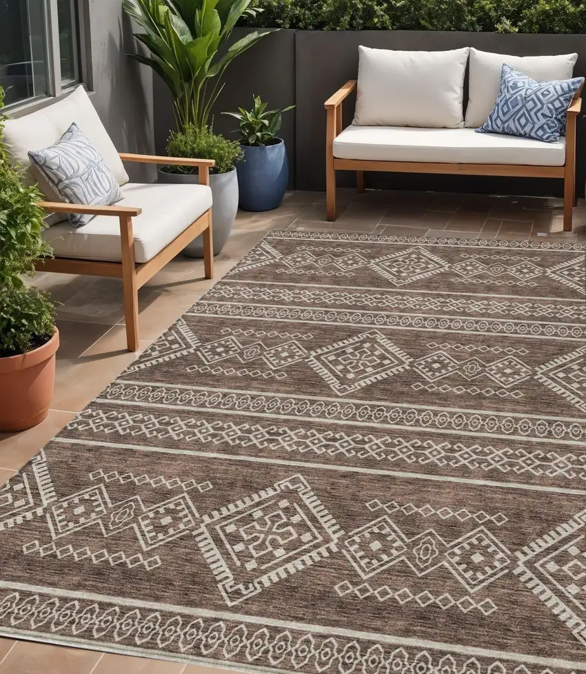 Brown And Ivory Southwestern Washable Indoor Outdoor Area Rug Photo 1
