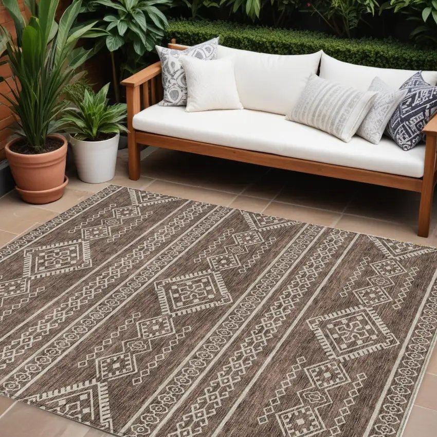 Brown And Ivory Southwestern Washable Indoor Outdoor Area Rug Photo 1