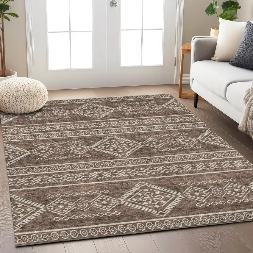Brown And Ivory Southwestern Washable Indoor Outdoor Area Rug Photo 9