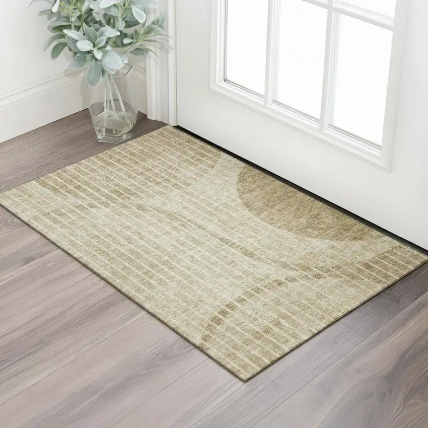 Brown And Ivory Striped Washable Area Rug With UV Protection Photo 1