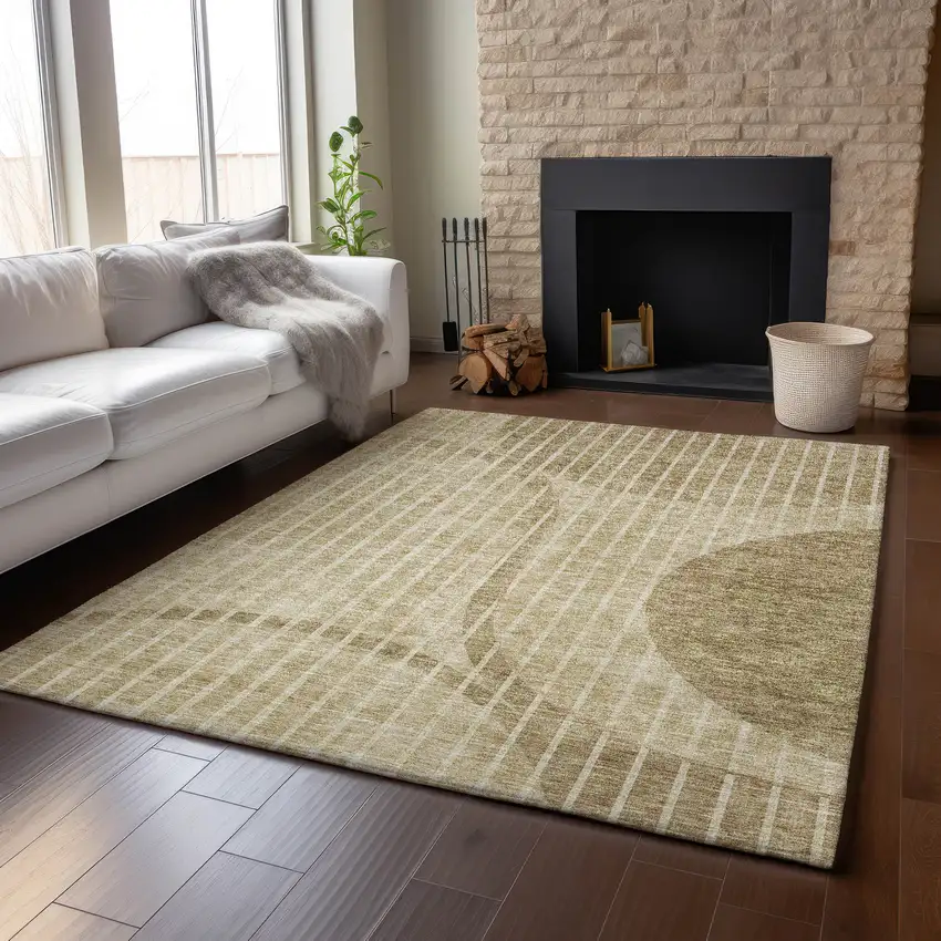 Brown And Ivory Striped Washable Area Rug With UV Protection Photo 4