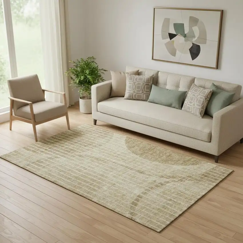 Brown And Ivory Striped Washable Area Rug With UV Protection Photo 1