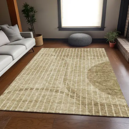 Brown And Ivory Striped Washable Area Rug With UV Protection Photo 4