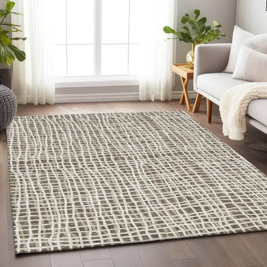 Brown And Ivory Striped Washable Area Rug With UV Protection Photo 5