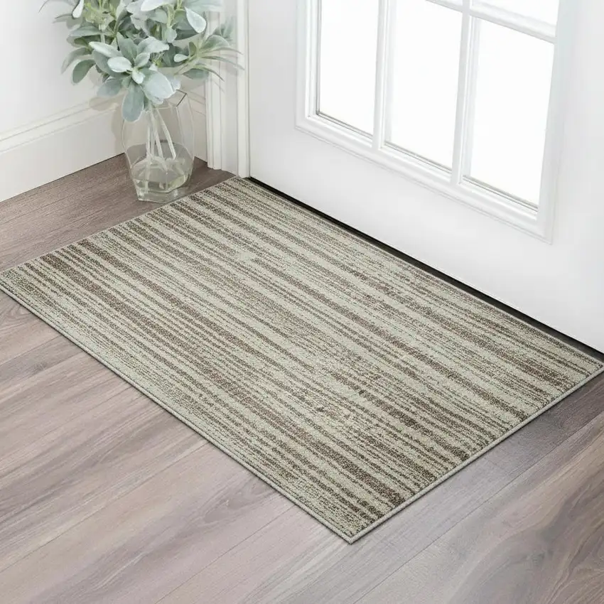 Brown And Ivory Striped Washable Area Rug With UV Protection Photo 2