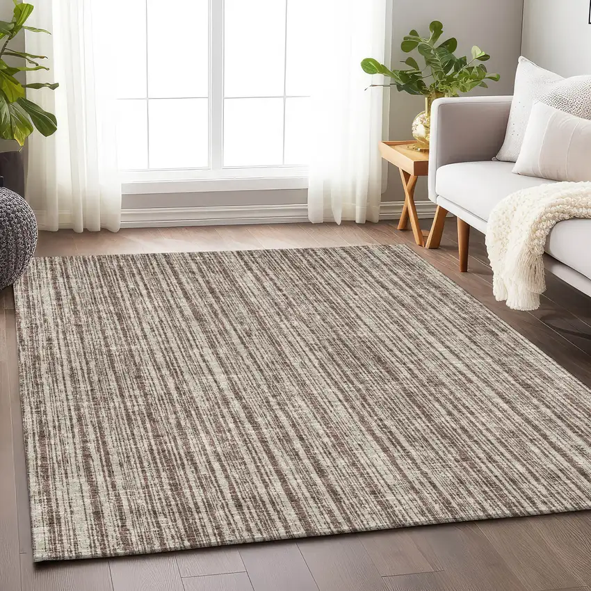 Brown And Ivory Striped Washable Area Rug With UV Protection Photo 3