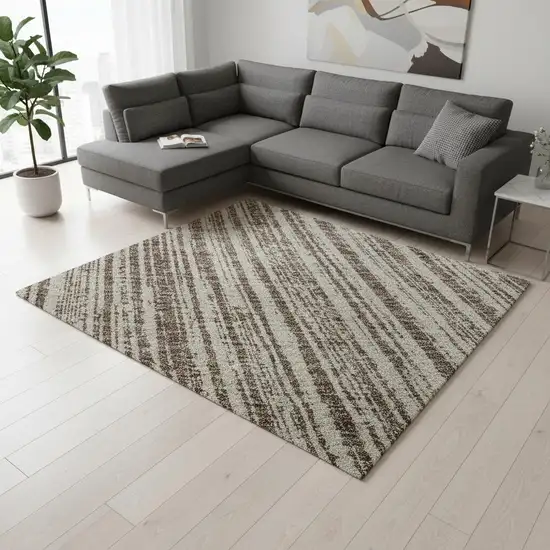 Brown And Ivory Striped Washable Area Rug With UV Protection Photo 2