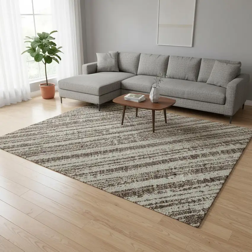 Brown And Ivory Striped Washable Area Rug With UV Protection Photo 2