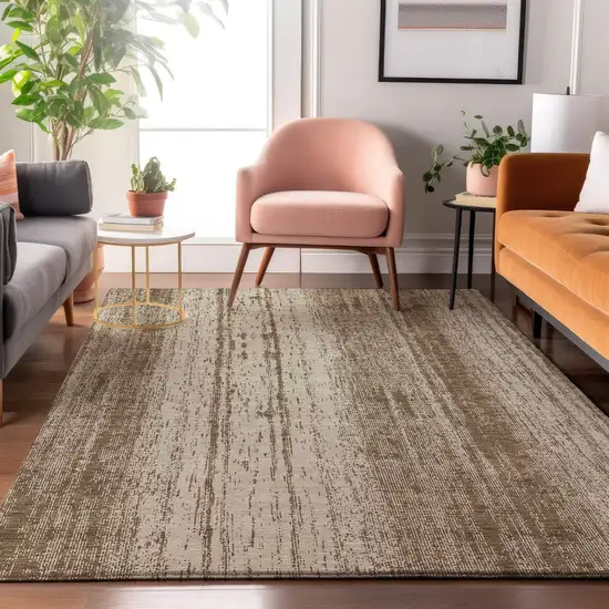 Brown And Ivory Striped Washable Area Rug With UV Protection Photo 2