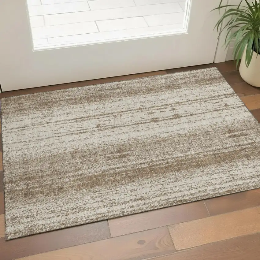 Brown And Ivory Striped Washable Area Rug With UV Protection Photo 1