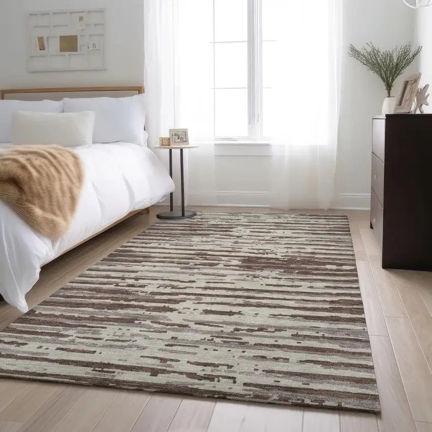 Brown And Ivory Striped Washable Area Rug With UV Protection Photo 5