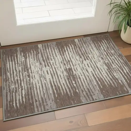 Brown And Ivory Striped Washable Area Rug With UV Protection Photo 2