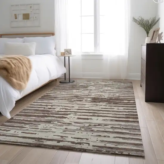 Brown And Ivory Striped Washable Area Rug With UV Protection Photo 5