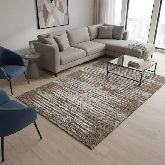 Brown And Ivory Striped Washable Area Rug With UV Protection Photo 2