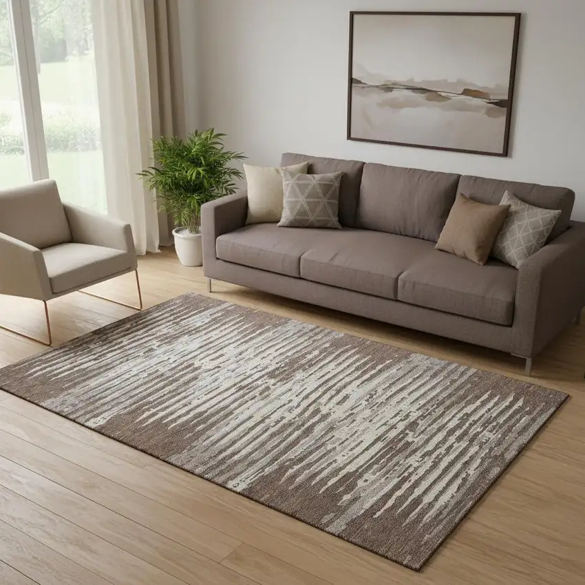 Brown And Ivory Striped Washable Area Rug With UV Protection Photo 1