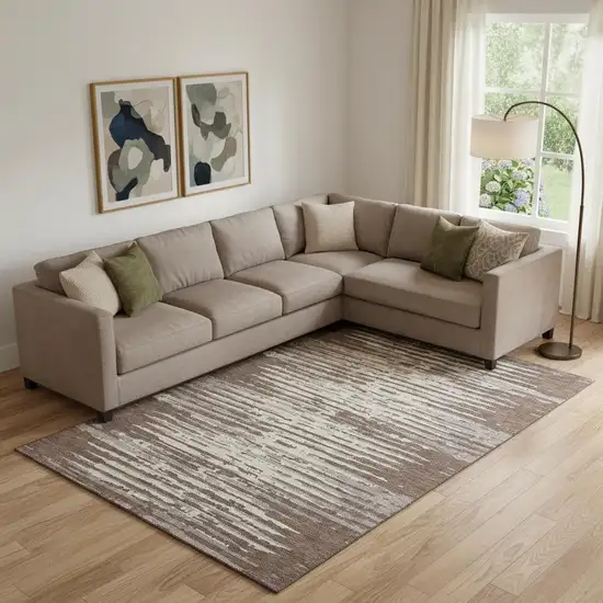 Brown And Ivory Striped Washable Area Rug With UV Protection Photo 1