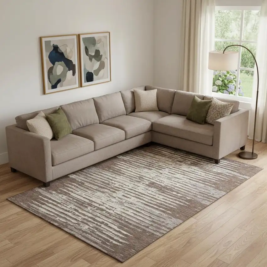 Brown And Ivory Striped Washable Area Rug With UV Protection Photo 1