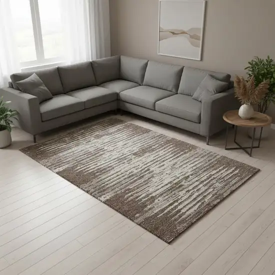 Brown And Ivory Striped Washable Area Rug With UV Protection Photo 2