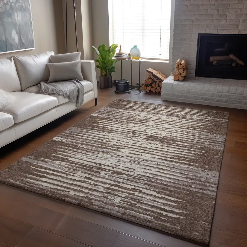 Brown And Ivory Striped Washable Area Rug With UV Protection Photo 6