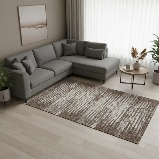 Brown And Ivory Striped Washable Area Rug With UV Protection Photo 2