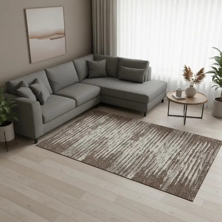 Brown And Ivory Striped Washable Area Rug With UV Protection Photo 2