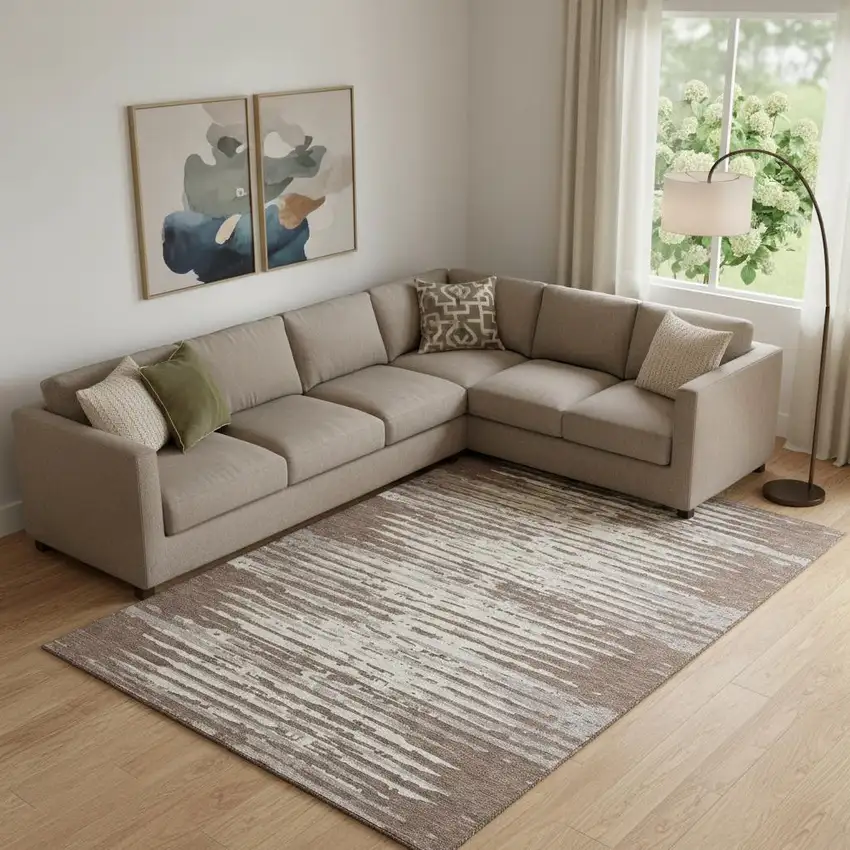 Brown And Ivory Striped Washable Area Rug With UV Protection Photo 1