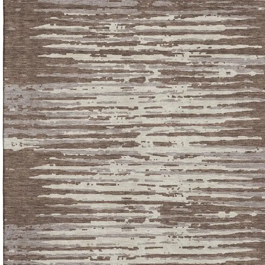 Brown And Ivory Striped Washable Area Rug With UV Protection Photo 4