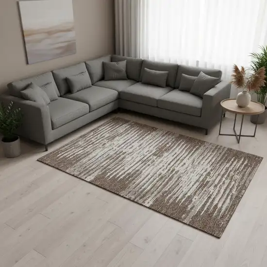 Brown And Ivory Striped Washable Area Rug With UV Protection Photo 2