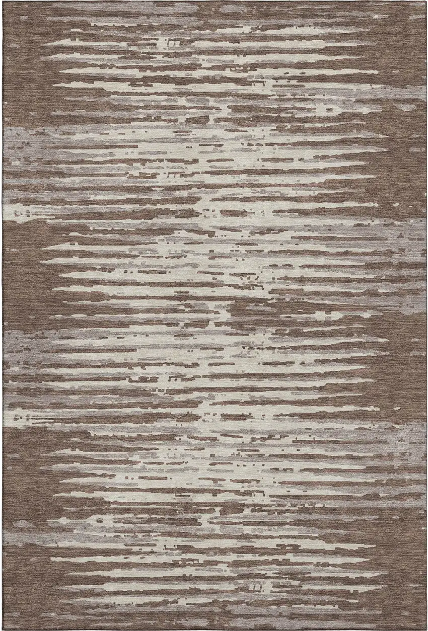 Brown And Ivory Striped Washable Area Rug With UV Protection Photo 1