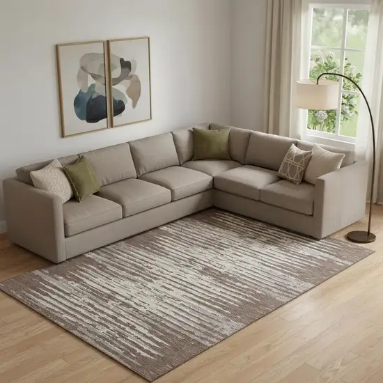 Brown And Ivory Striped Washable Area Rug With UV Protection Photo 1