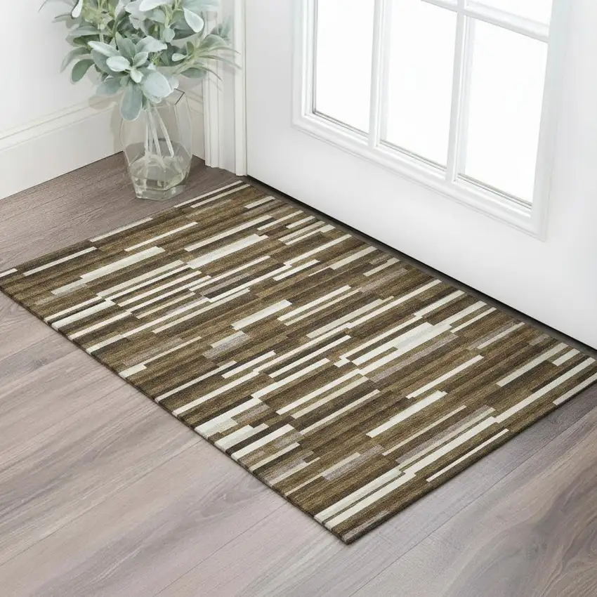 Brown And Ivory Striped Washable Area Rug With UV Protection Photo 1