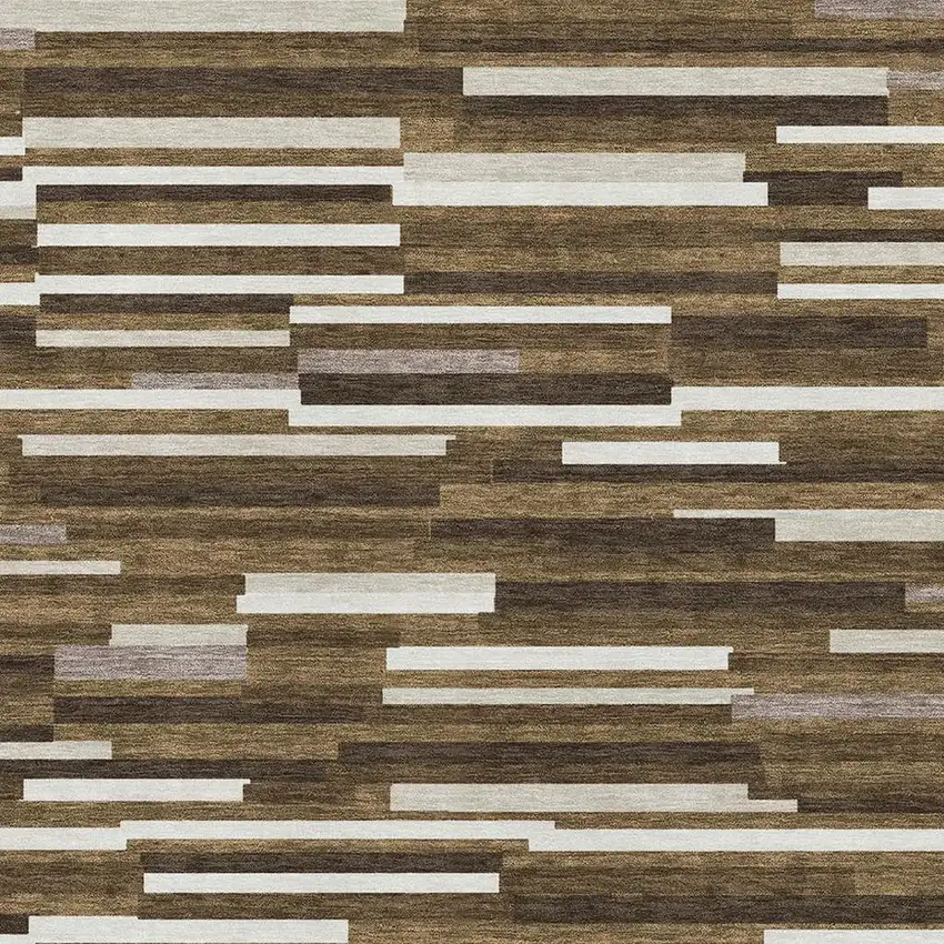 Brown And Ivory Striped Washable Area Rug With UV Protection Photo 3