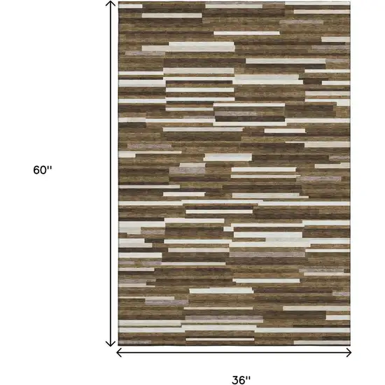 Brown And Ivory Striped Washable Area Rug With UV Protection Photo 3