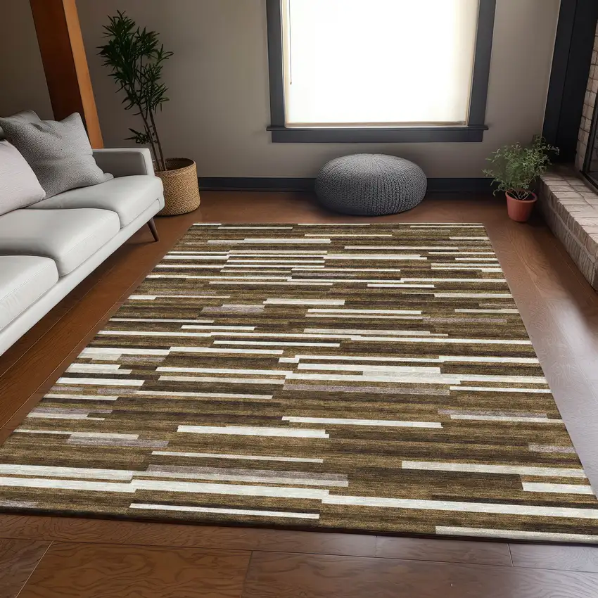 Brown And Ivory Striped Washable Area Rug With UV Protection Photo 6