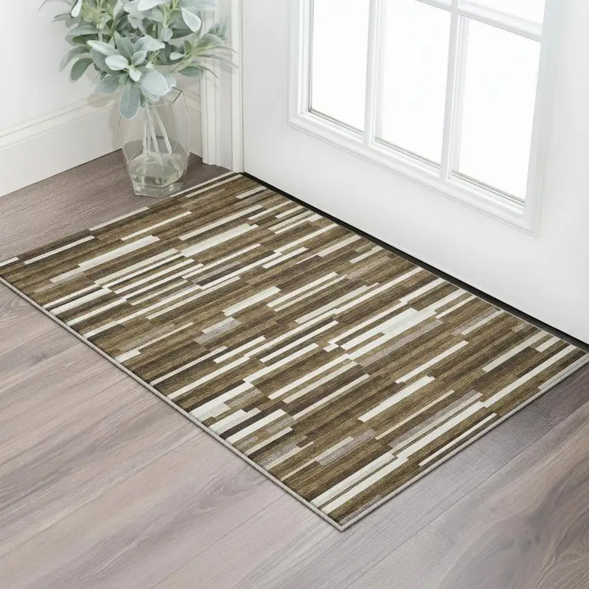 Brown And Ivory Striped Washable Area Rug With UV Protection Photo 2