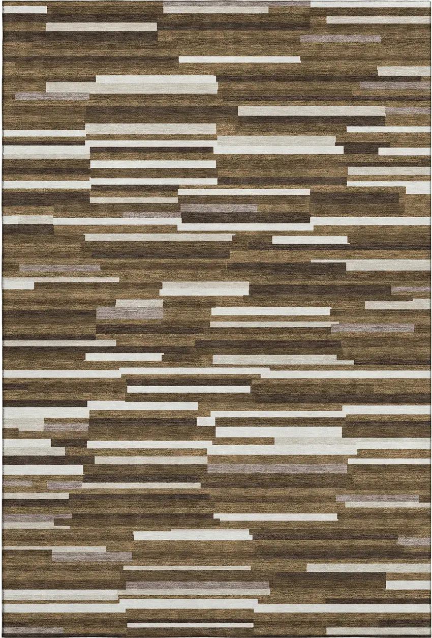 Brown And Ivory Striped Washable Area Rug With UV Protection Photo 1