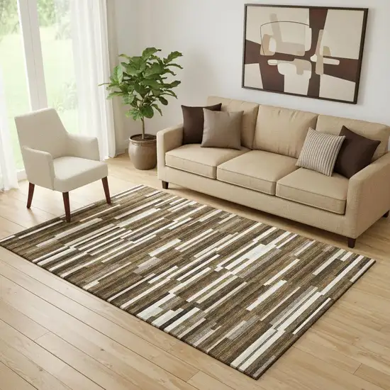 Brown And Ivory Striped Washable Area Rug With UV Protection Photo 1