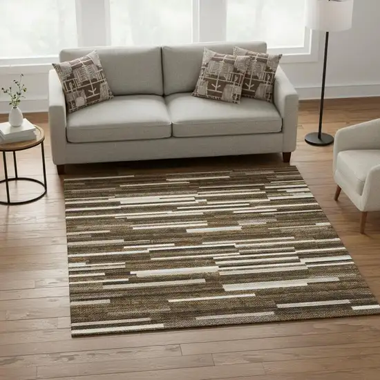 Brown And Ivory Striped Washable Area Rug With UV Protection Photo 2