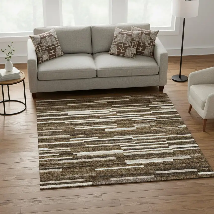 Brown And Ivory Striped Washable Area Rug With UV Protection Photo 2