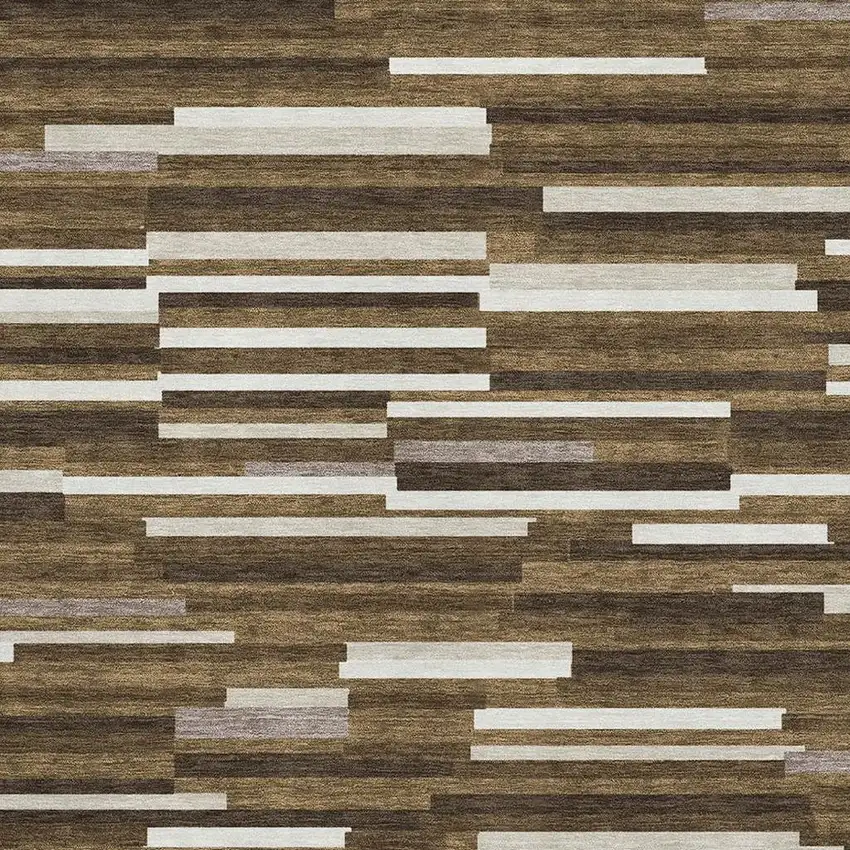 Brown And Ivory Striped Washable Area Rug With UV Protection Photo 3