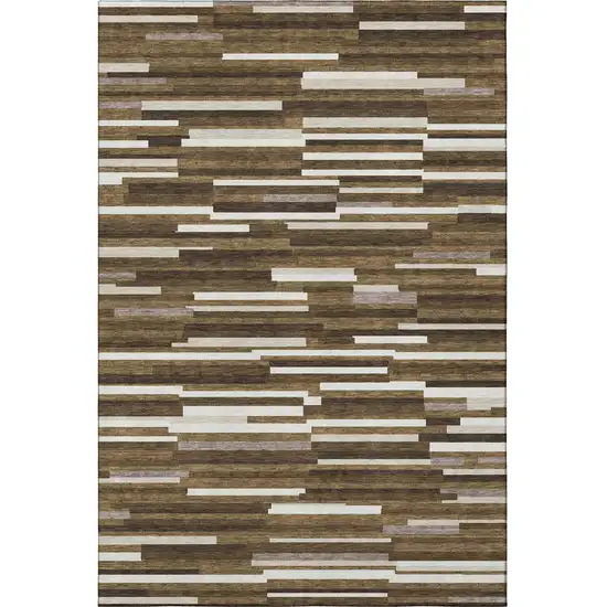 Brown And Ivory Striped Washable Area Rug With UV Protection Photo 4