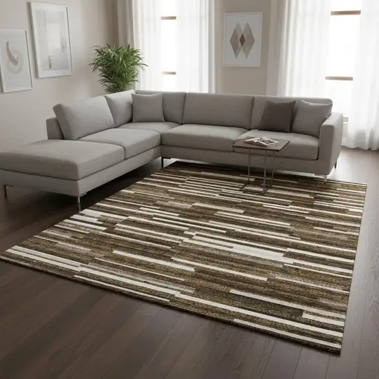 Brown And Ivory Striped Washable Area Rug With UV Protection Photo 2