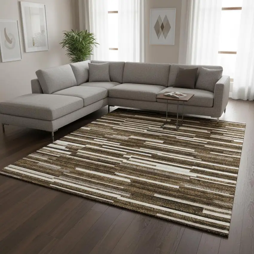 Brown And Ivory Striped Washable Area Rug With UV Protection Photo 2