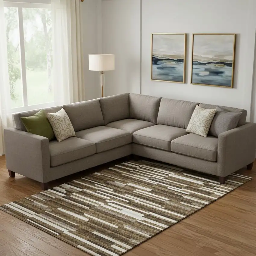 Brown And Ivory Striped Washable Area Rug With UV Protection Photo 1